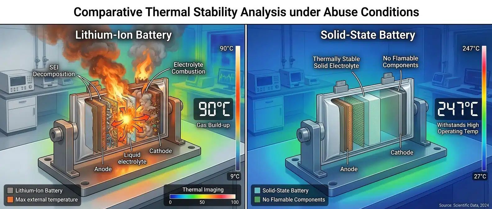 Visualization of thermal stability comparison between solid-state and lithium-ion batteries showing safety testing results