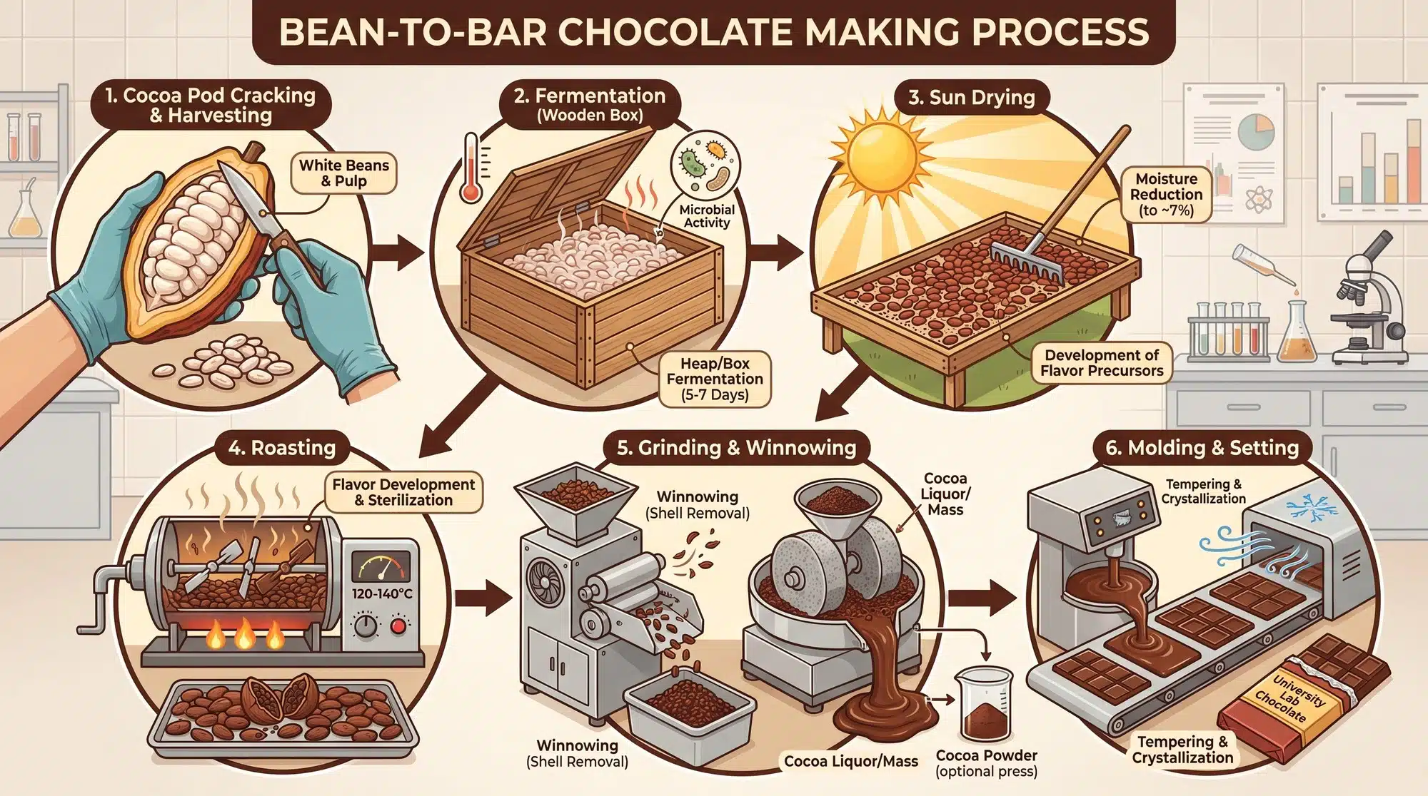 Step-by-step illustration of the bean-to-bar chocolate making process, from harvesting cocoa pods to moulding finished chocolate