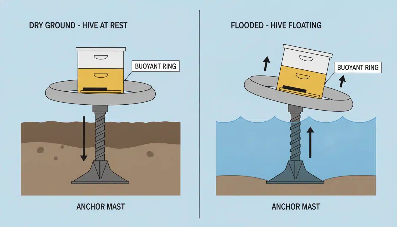 Diagram showing Beekon hive floating mechanism with central mast and buoyant ring, dry vs flooded comparison