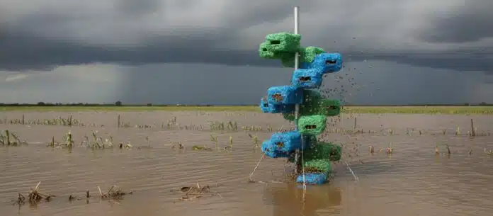 beekon-hive-system-floating-flood Beekon floating beehive system rising on floodwaters with bees, anchored mast design