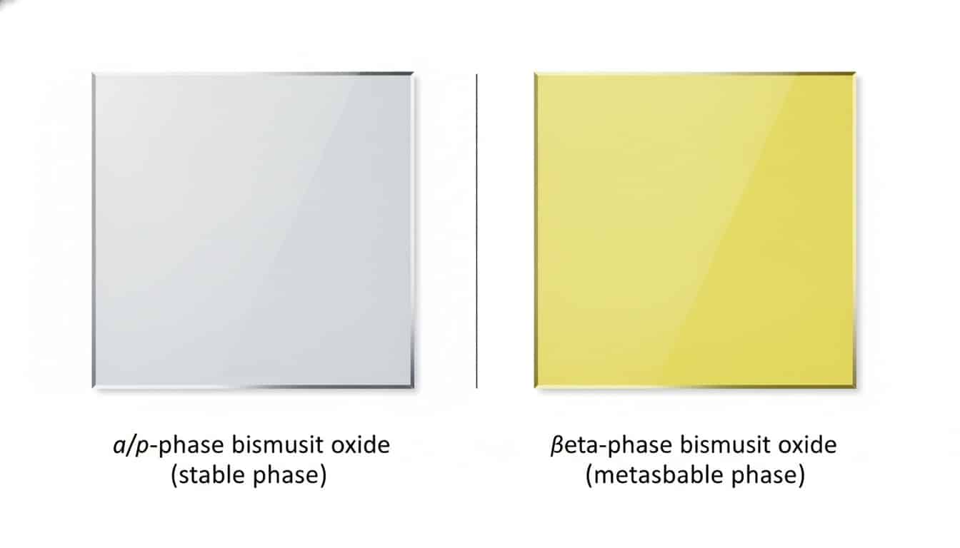 Comparison of alpha-phase (pale gray) and beta-phase (bright yellow) bismuth oxide thin films on conducting glass