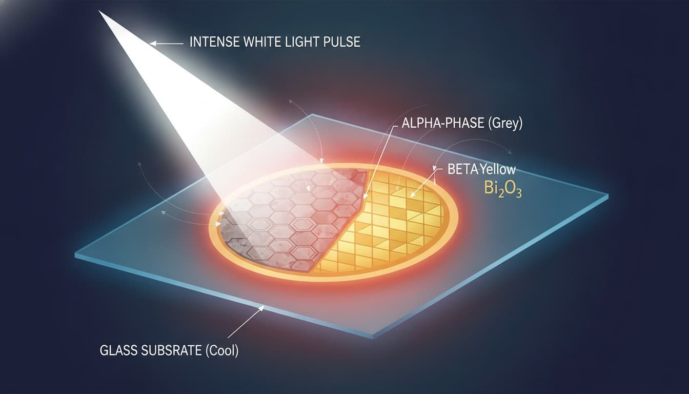 Microscopic view of flash photonic heating transforming bismuth oxide crystal structure from alpha to beta phase