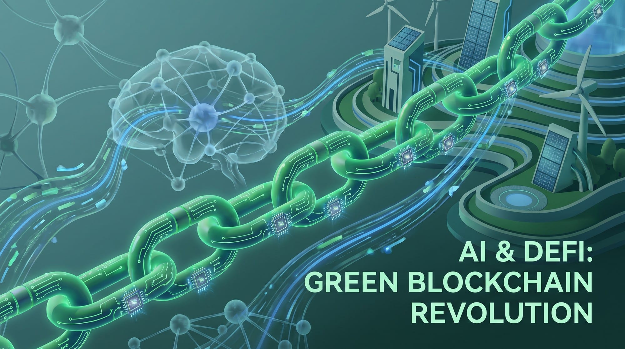 AI neural network and DeFi data streams intertwined with a glowing green blockchain.