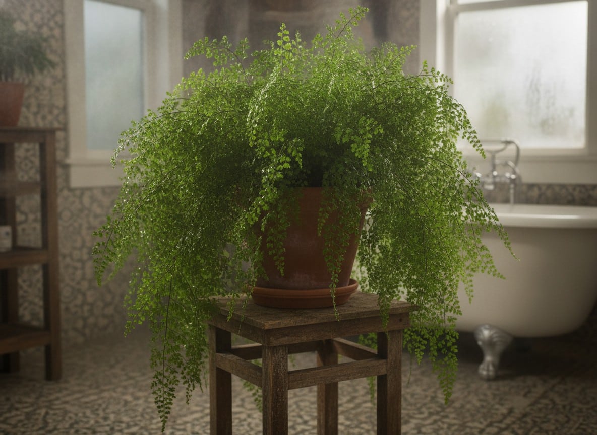 A lush Boston fern with arching green fronds in a pot