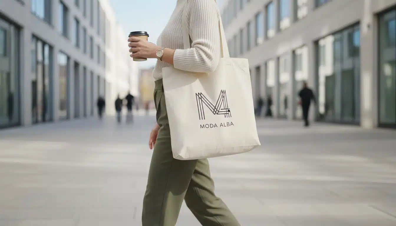 Person carrying a minimalist branded tote bag on a modern urban street