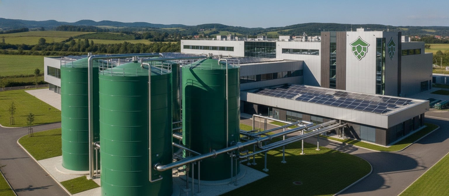 Modern brewery with anaerobic digester tanks and solar panels generating renewable biogas energy