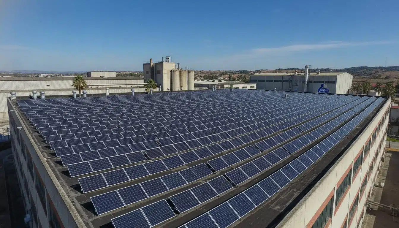 Solar panel array on brewery roof in Portugal providing renewable electricity for industrial heat pump and thermal battery charging