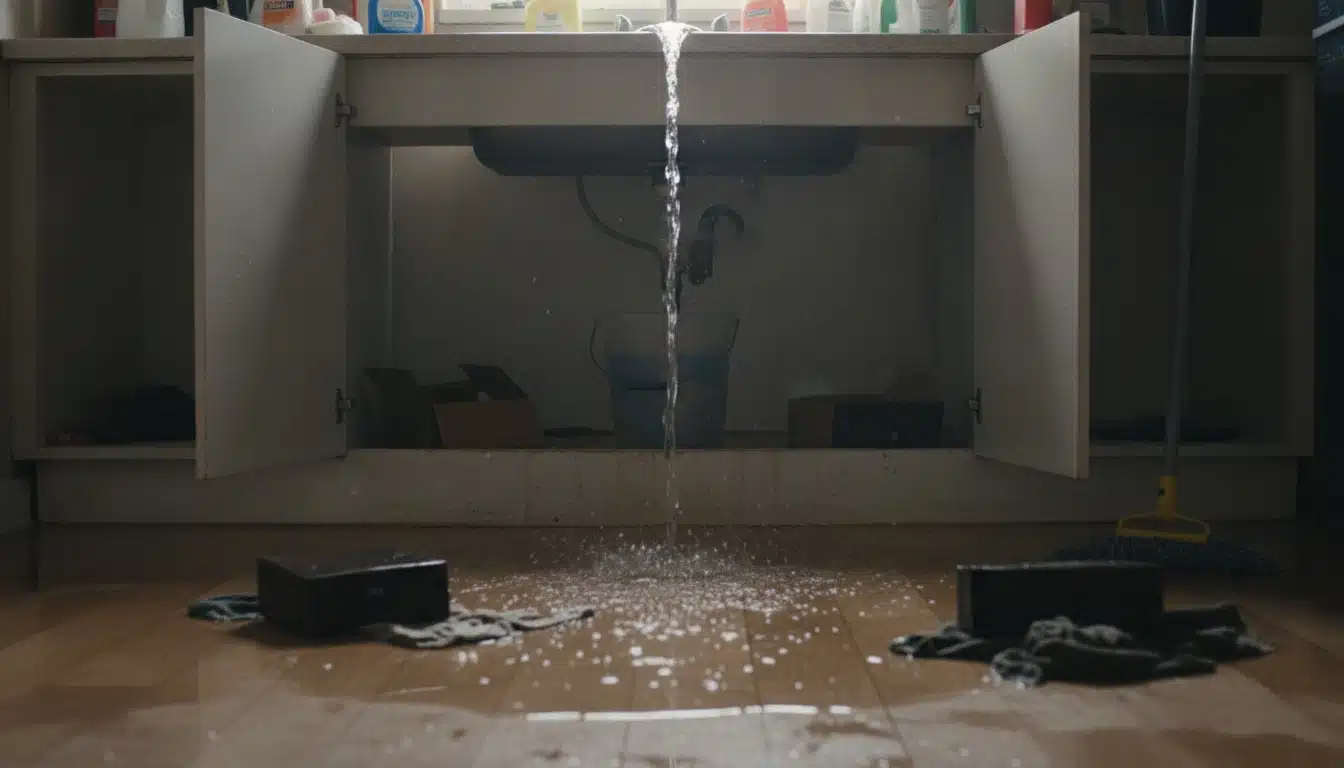 Water leaking from a burst pipe under a kitchen sink during a plumbing emergency