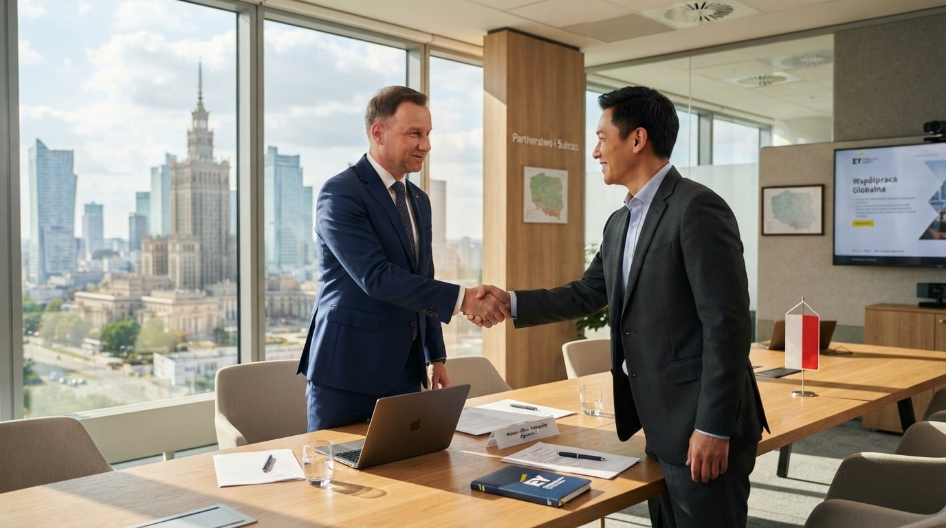 International business professionals shaking hands in a modern Polish office