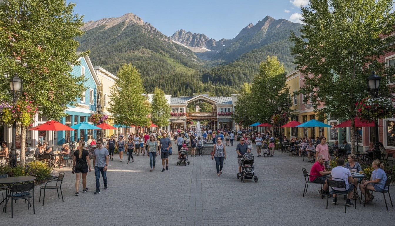 A lively car-free mountain resort centre with people walking and cycling among outdoor cafes and local shops.