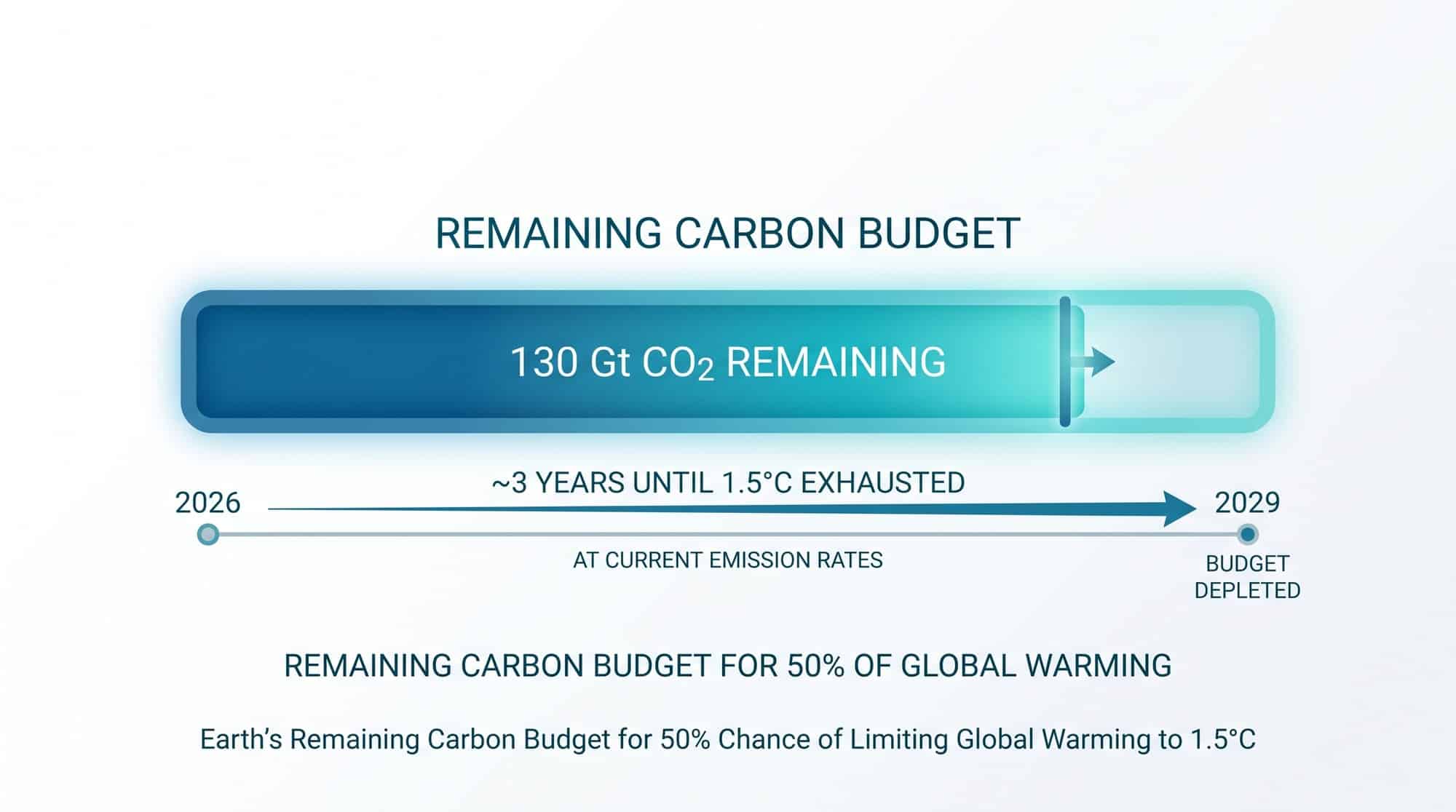 Visualization of Earth's remaining carbon budget of 130 gigatonnes CO2, with approximately 3 years until the 1.5°C threshold is breached