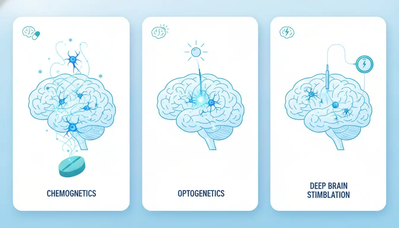 Comparison illustration of DREADDs chemogenetics vs optogenetics vs deep brain stimulation for brain therapy