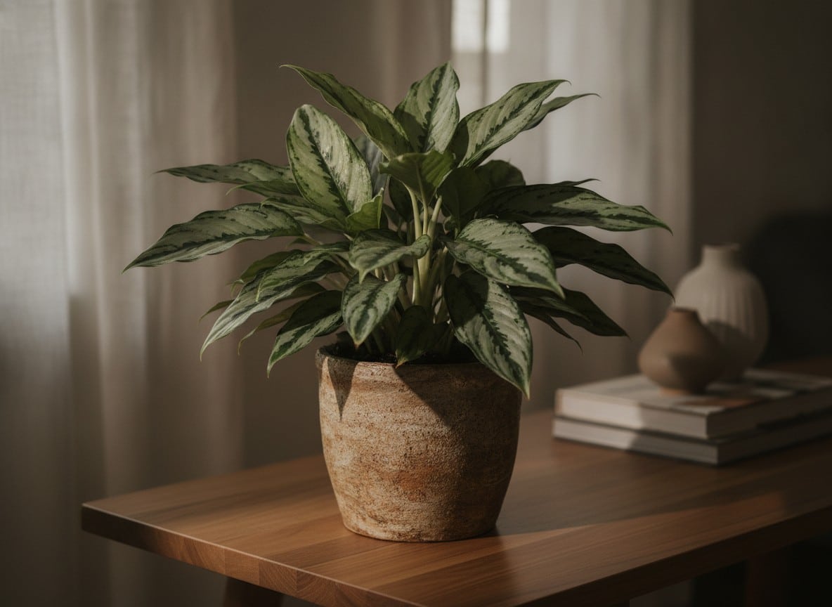 A Chinese evergreen with broad green and silver variegated leaves in a pot