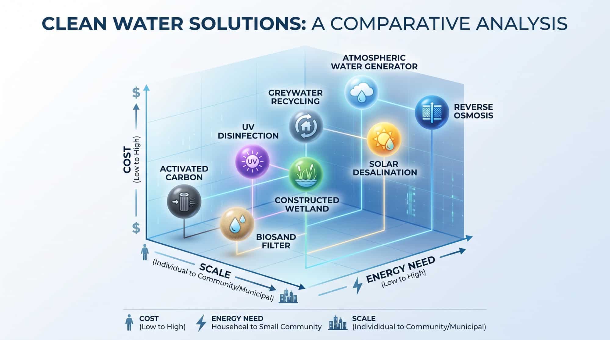 Infographic comparing clean water solution costs energy needs and scale