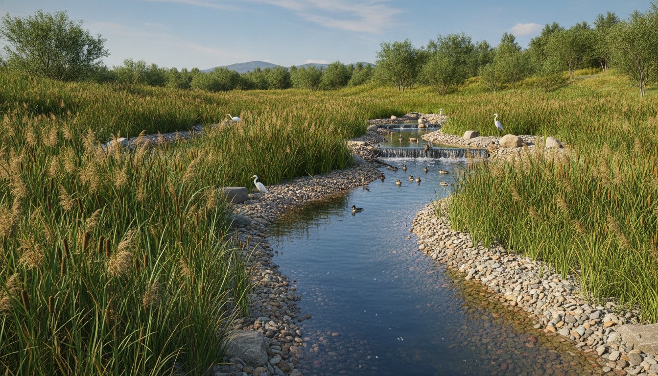 Constructed wetland and nature-based water purification with reeds and clear water