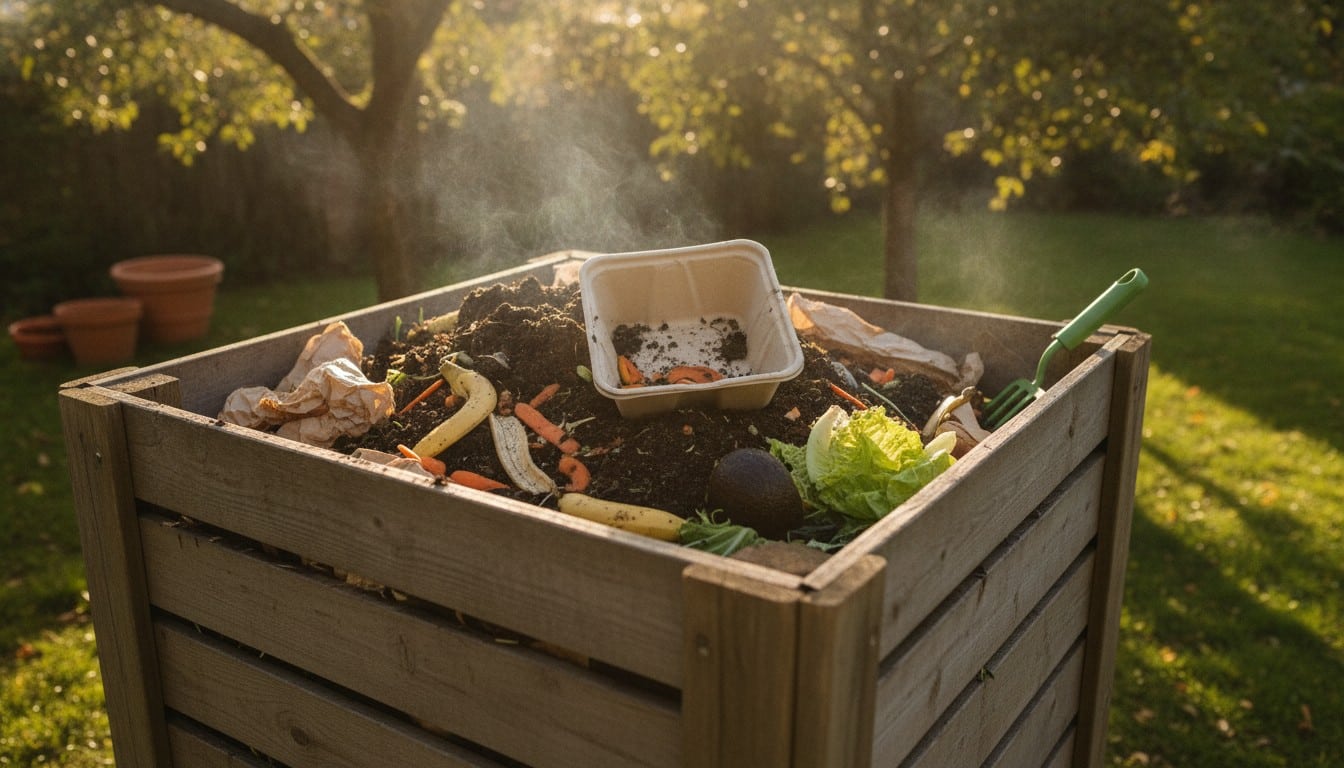 Compostable packaging breaking down in a home compost bin