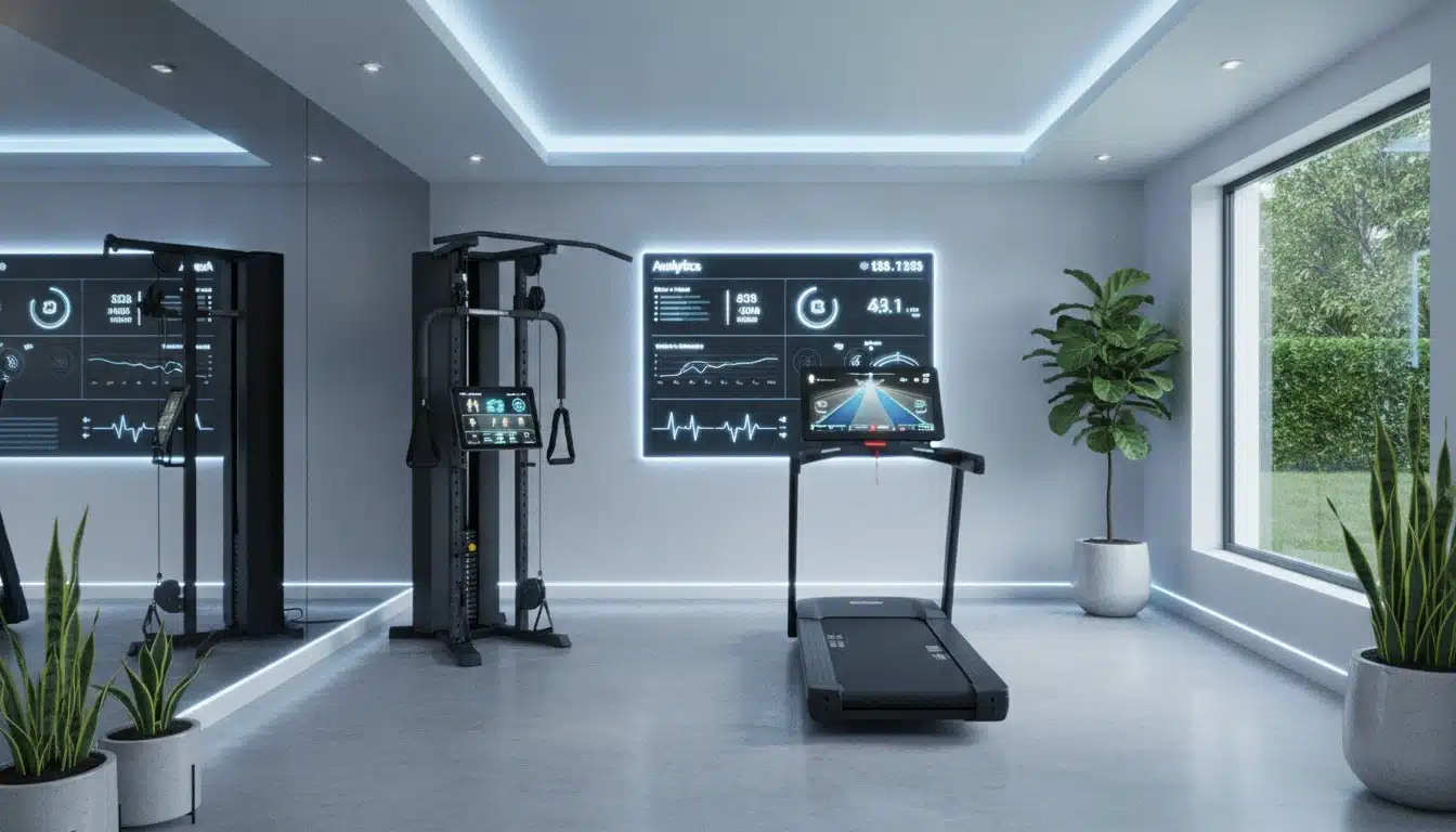 Connected home gym ecosystem with smart fitness devices and analytics dashboard