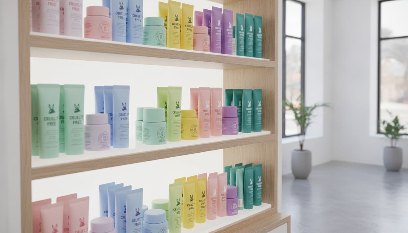 Cruelty-free cosmetics products on store shelf with certification logos showing the growing consumer demand for ethical beauty products