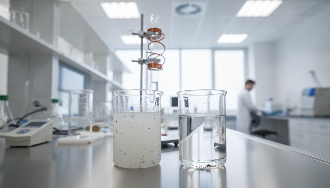 Laboratory beakers showing magnetic microrobot water purification test with before and after water samples