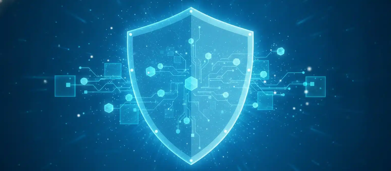 Decentralized identity verification technology concept with blockchain network and digital security shield