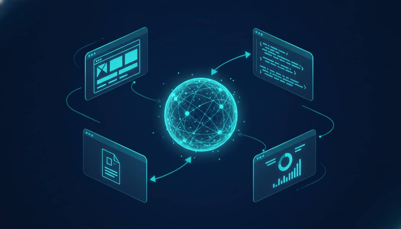 AI agent observing multiple screens including a web browser, code editor, document viewer, and chart display