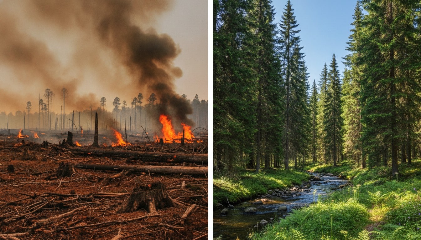 Split comparison showing deforested Amazon rainforest on the left and pristine Norwegian forest on the right