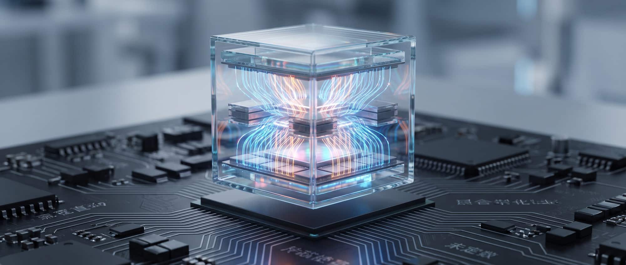 3D stacked AI chip with vertical memory and logic layers connected by glowing data pathways, representing the DF1000 near-memory computing architecture