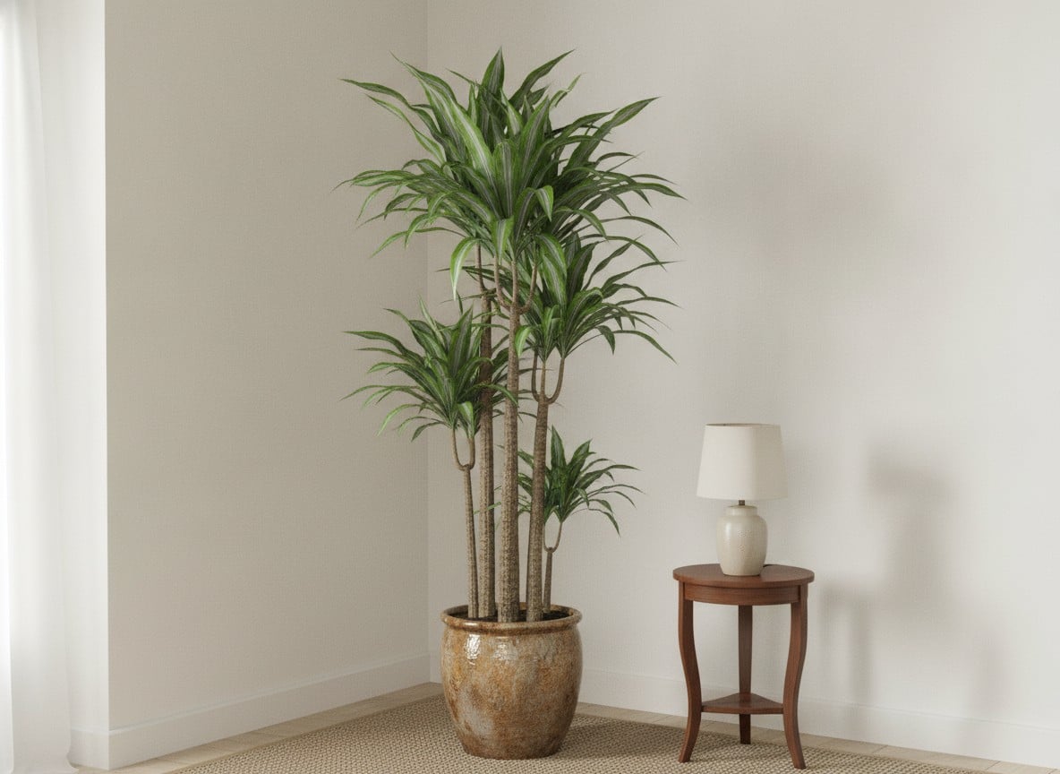 A corn plant dracaena with tall cane stems and long green leaves