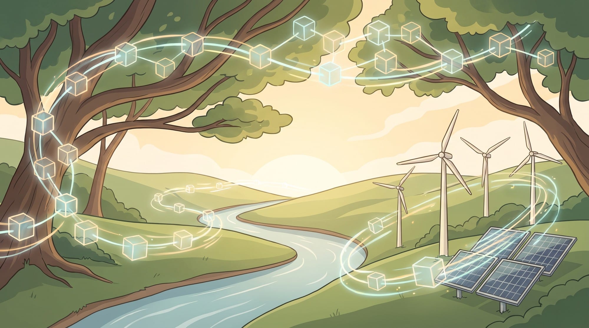 Blockchain network seamlessly woven into a thriving natural ecosystem with renewable energy.