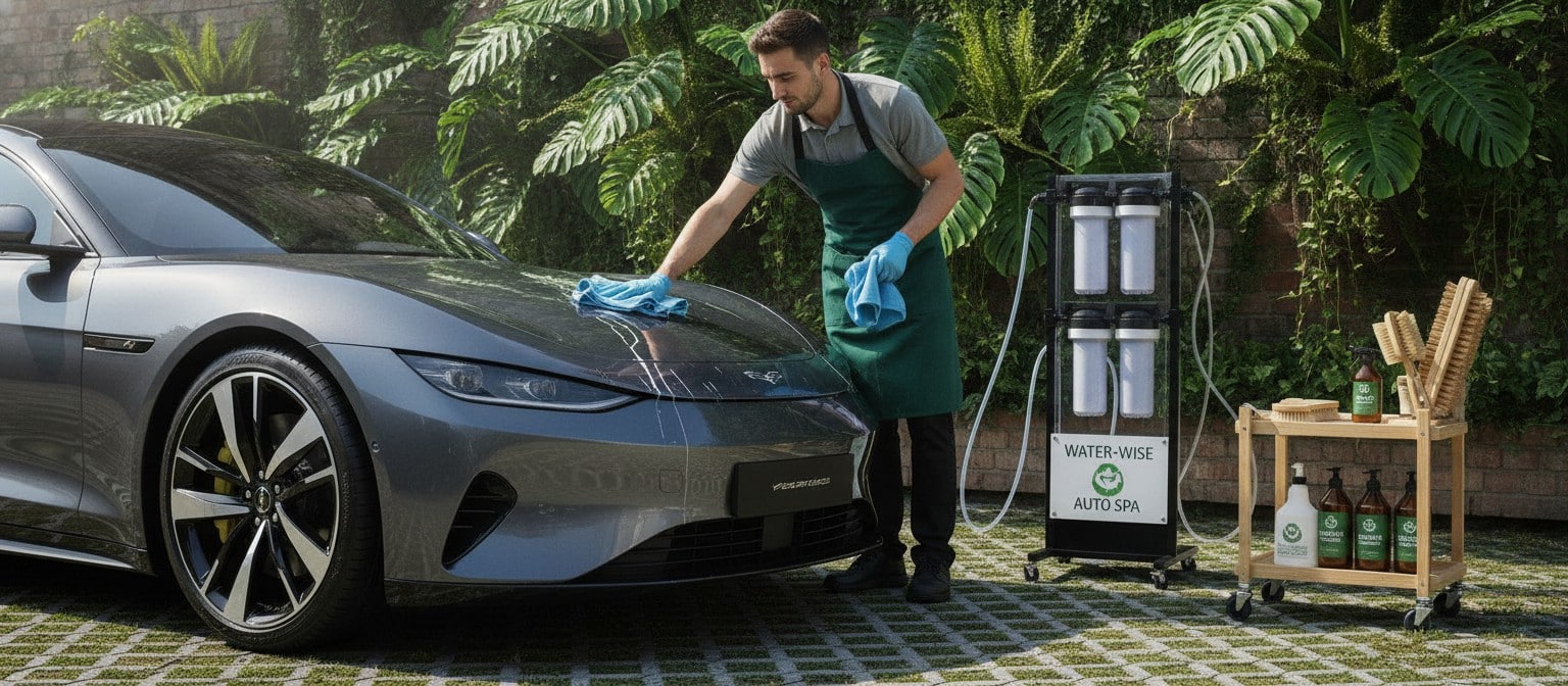 Eco-friendly car valeting professional cleaning a vehicle with sustainable products