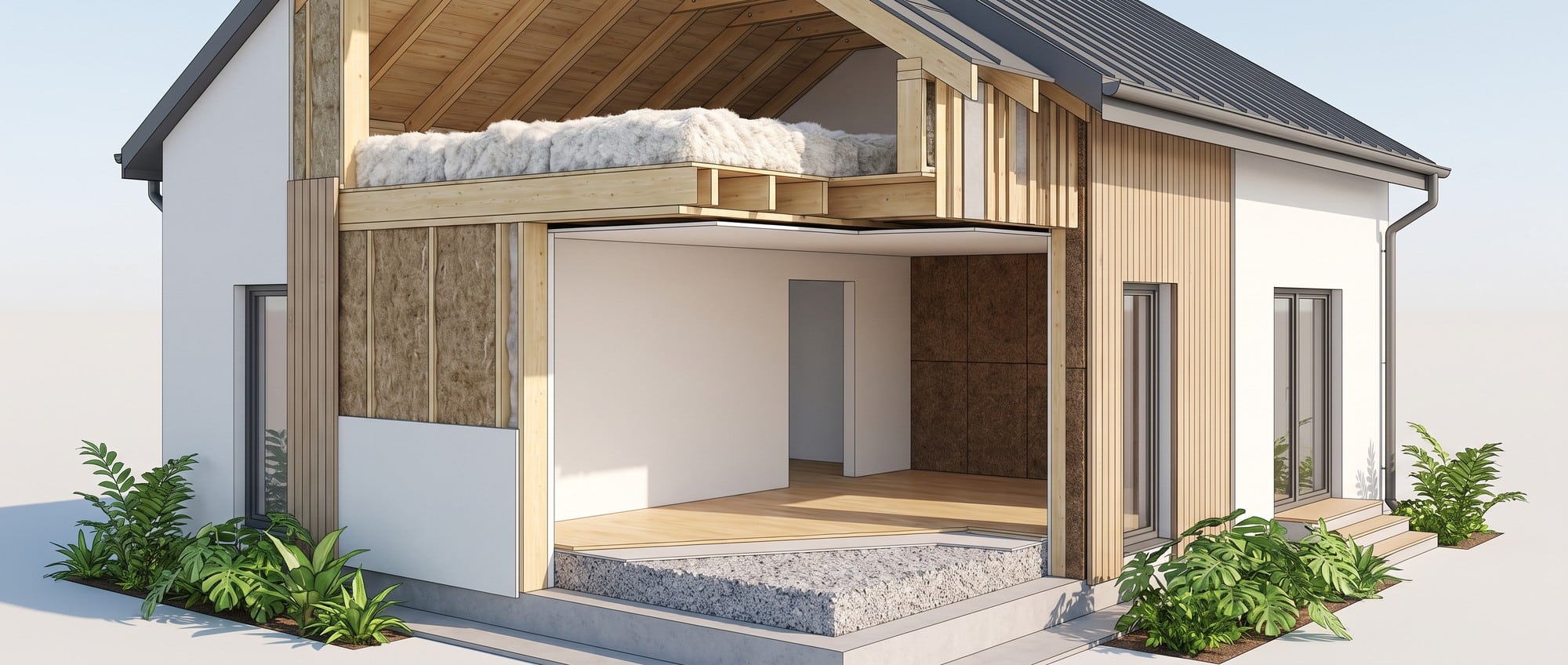 Cross-section illustration of a modern eco-friendly home showing sustainable insulation materials in walls, attic, and floors