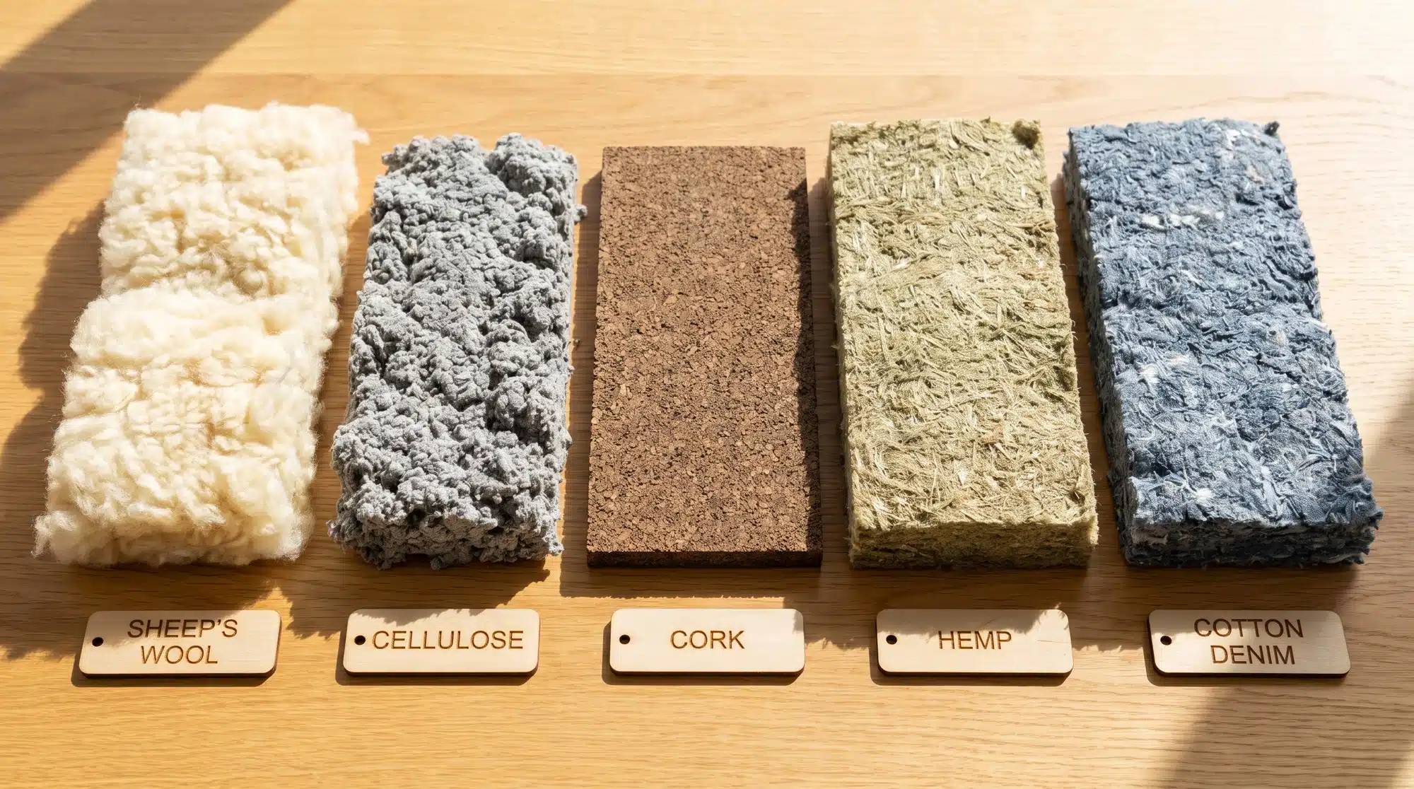 Comparison of eco-friendly insulation materials: sheep's wool, cellulose, cork, hemp, and cotton denim samples