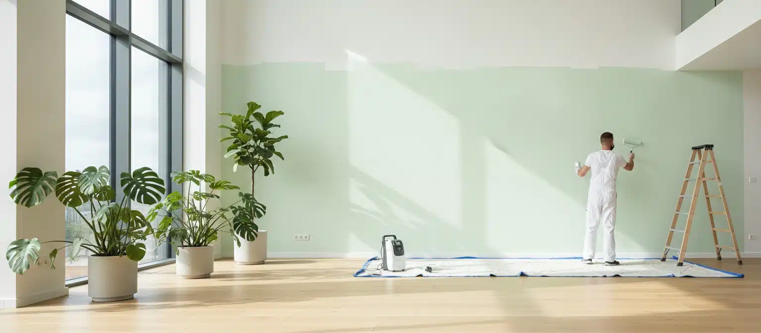 Professional applying eco-friendly water-based green paint in a bright modern interior with natural light and plants