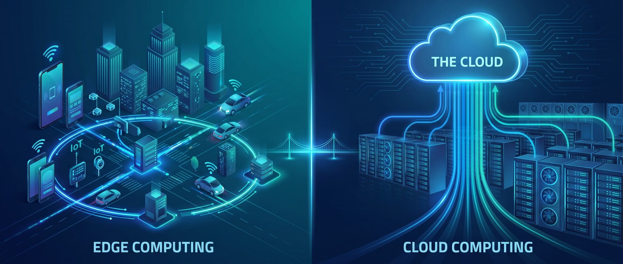 Edge computing local processing versus cloud computing centralized data center comparison illustration