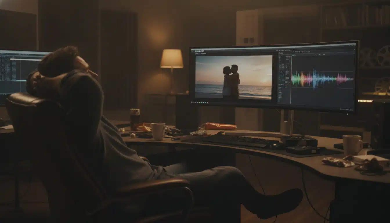 A film editor reviewing a completed scene with its music waveform on screen in a dim studio.