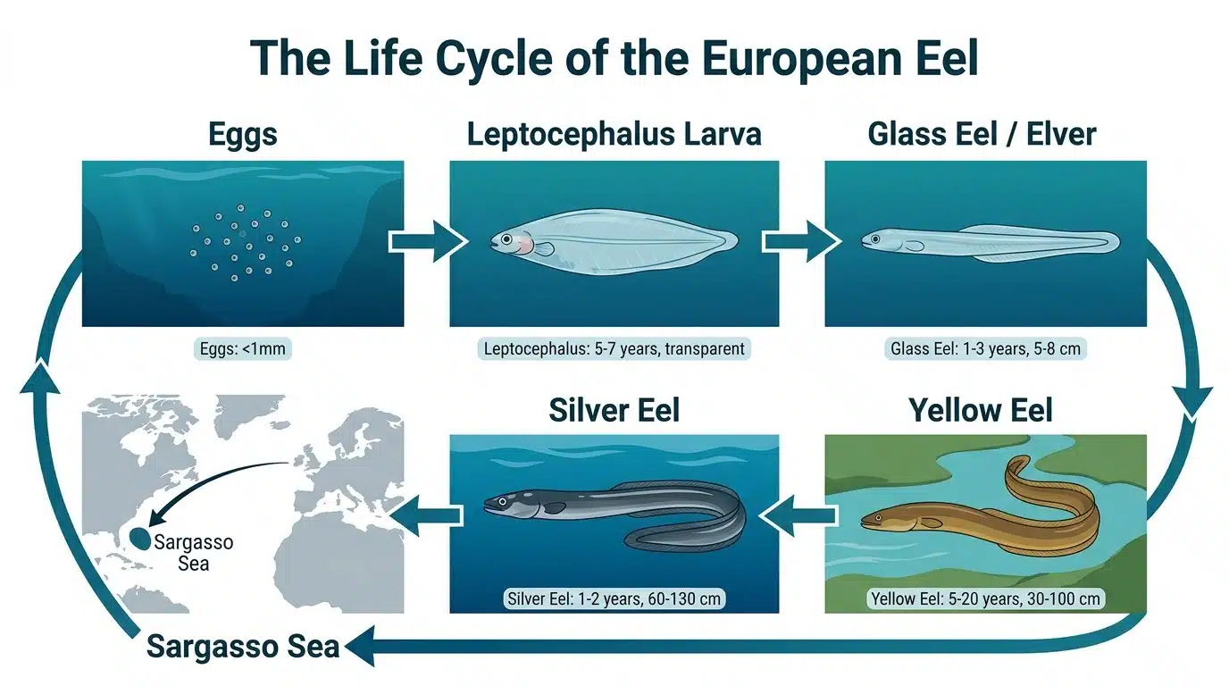 Life cycle diagram of the European eel showing six stages from egg to silver eel and back to the Sargasso Sea
