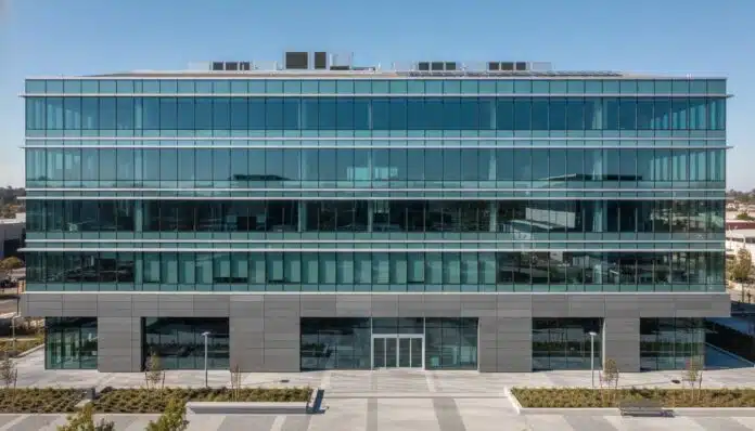 efficient-building-mechanical-engineering-featured Modern efficient building with visible HVAC and mechanical systems engineering