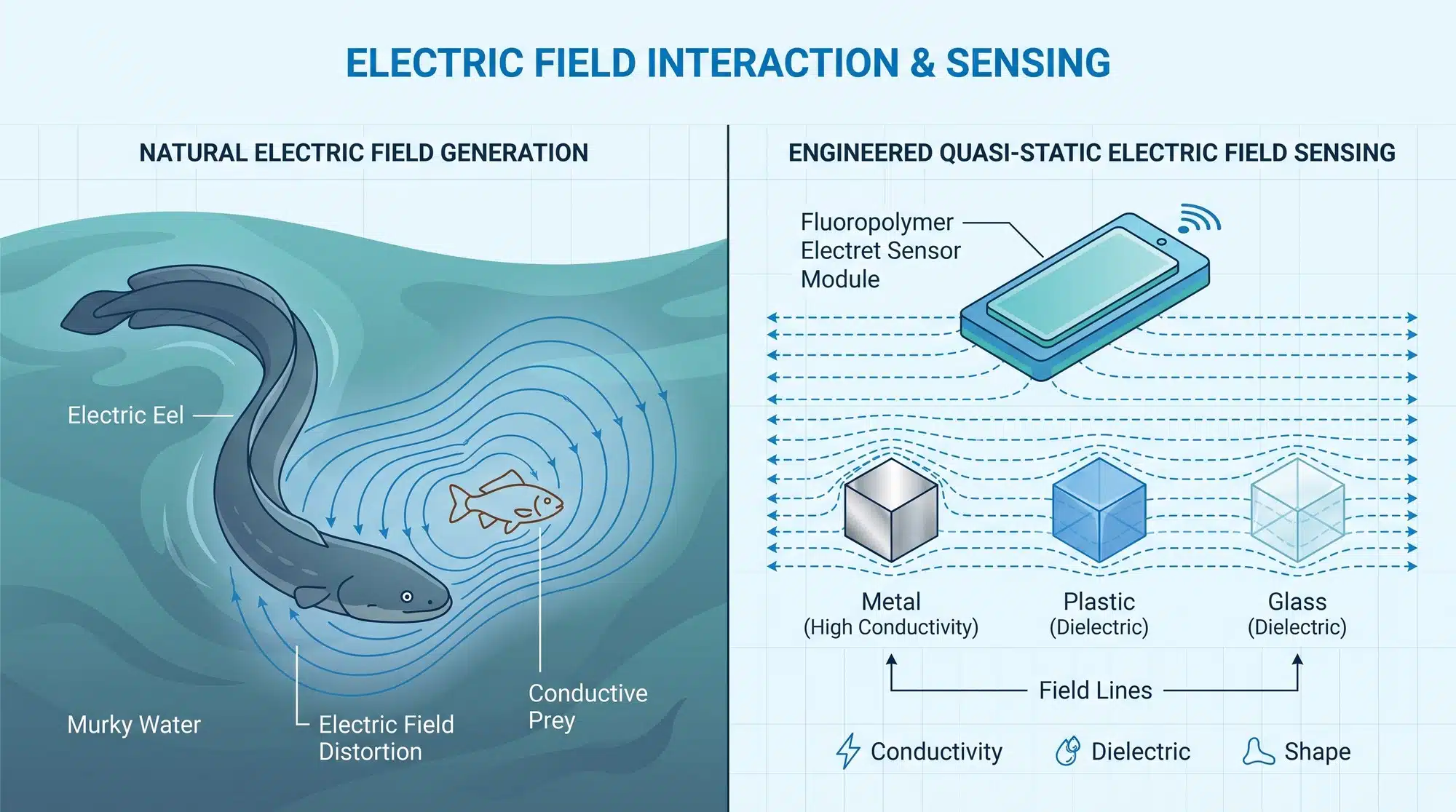 Diagram comparing electric eel electrolocation with bioinspired electrostatic field sensor detecting material fingerprints