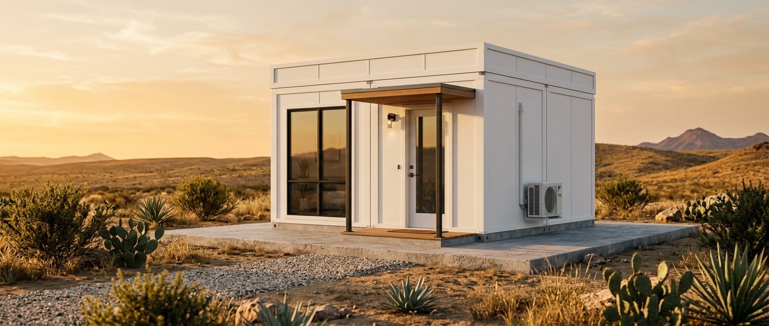 Elon Musk’s Boxabl Tiny House: Fact vs. Fiction Boxabl-style prefab tiny home in a sunny Texas desert landscape