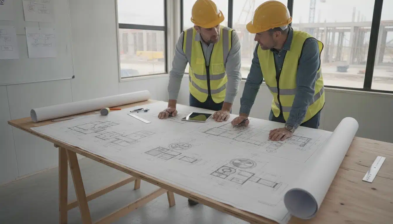 Engineers reviewing mechanical construction blueprints and HVAC plans together