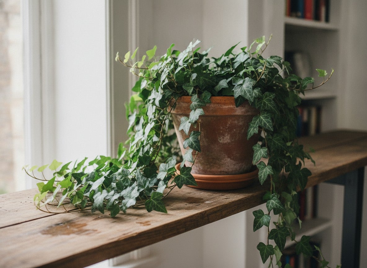 English ivy with lobed green leaves trailing over the edge of a pot