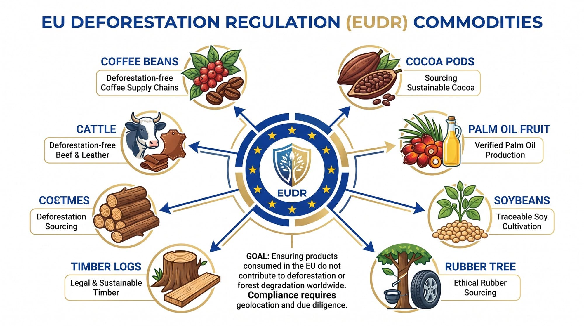 Infographic showing the seven commodities covered by the EU Deforestation Regulation: cattle, coffee, cocoa, palm oil, rubber, soy, and timber