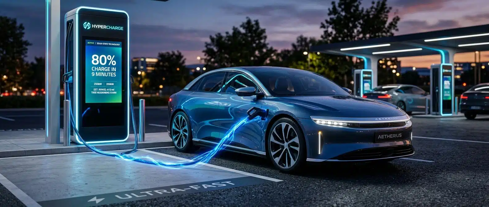Electric vehicle fast charging at a modern station, representing the ultra-fast charging capabilities of next-generation solid-state batteries