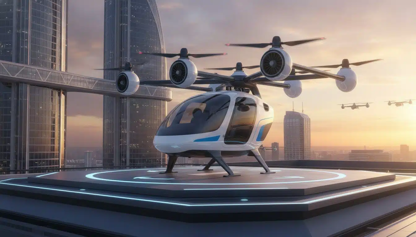 Small electric eVTOL air taxi hovering above a futuristic vertiport landing pad on a city rooftop
