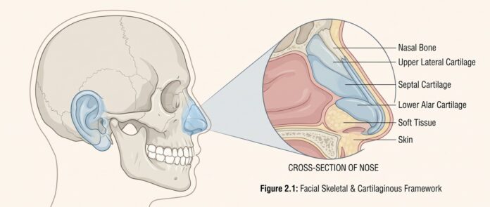 Medical illustration showing facial bone and cartilage structural anatomy beneath the skin