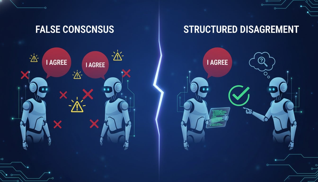 Diagram comparing false consensus failure mode where AI agents agree without evidence versus structured disagreement with evidence-based review
