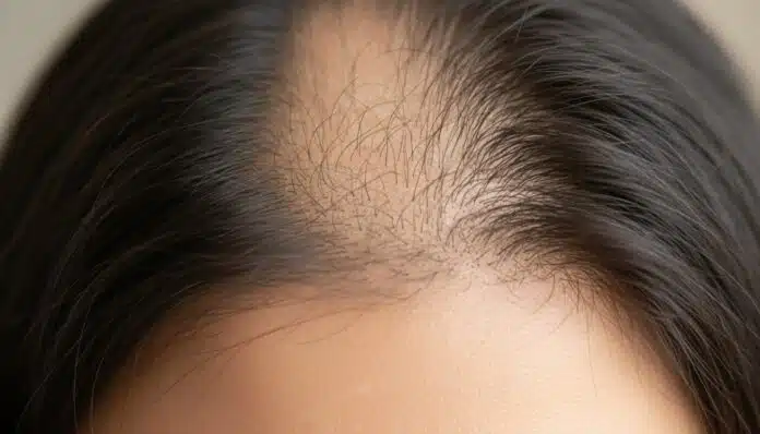 Close-up of scalp showing dramatic hair regrowth in a patient with alopecia areata, with new healthy hair emerging from previously bare skin