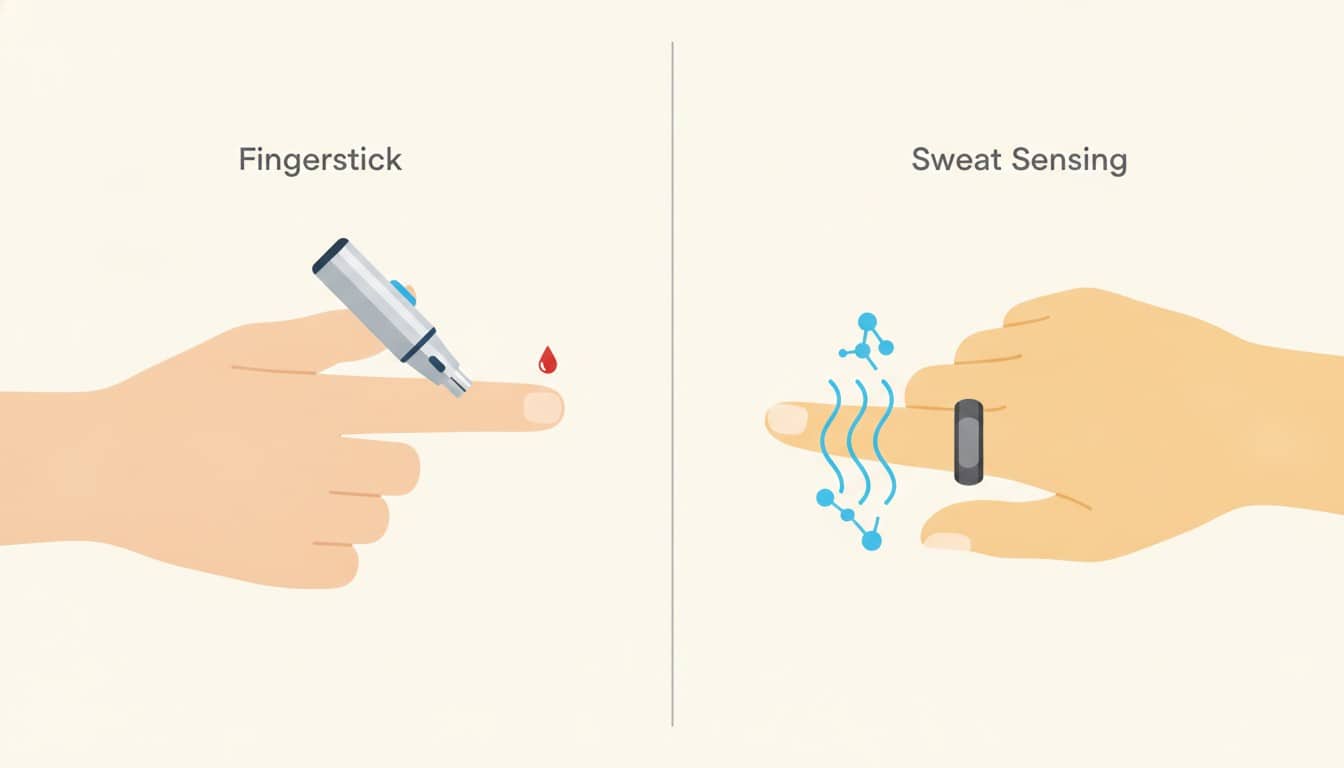 Illustration comparing traditional fingerstick blood glucose testing with needle-free smart ring sweat monitoring