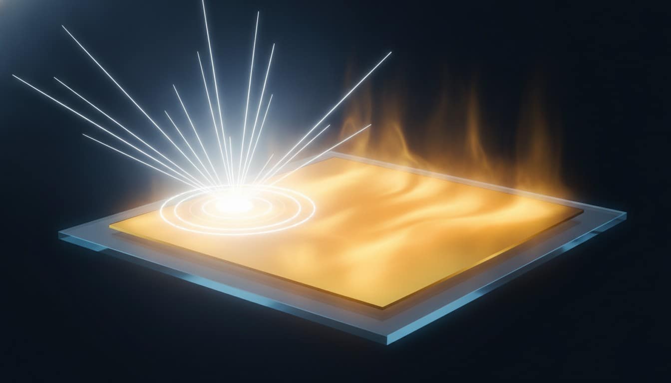 Flash photonic heating process showing intense light pulses heating a semiconductor thin film on transparent conducting glass