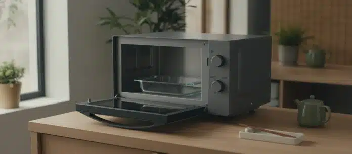 flatbed-microwave-japan-kitchen-hero Modern flatbed microwave with pull-down door open, showing its flat turntable-free interior cavity on a minimalist kitchen counter